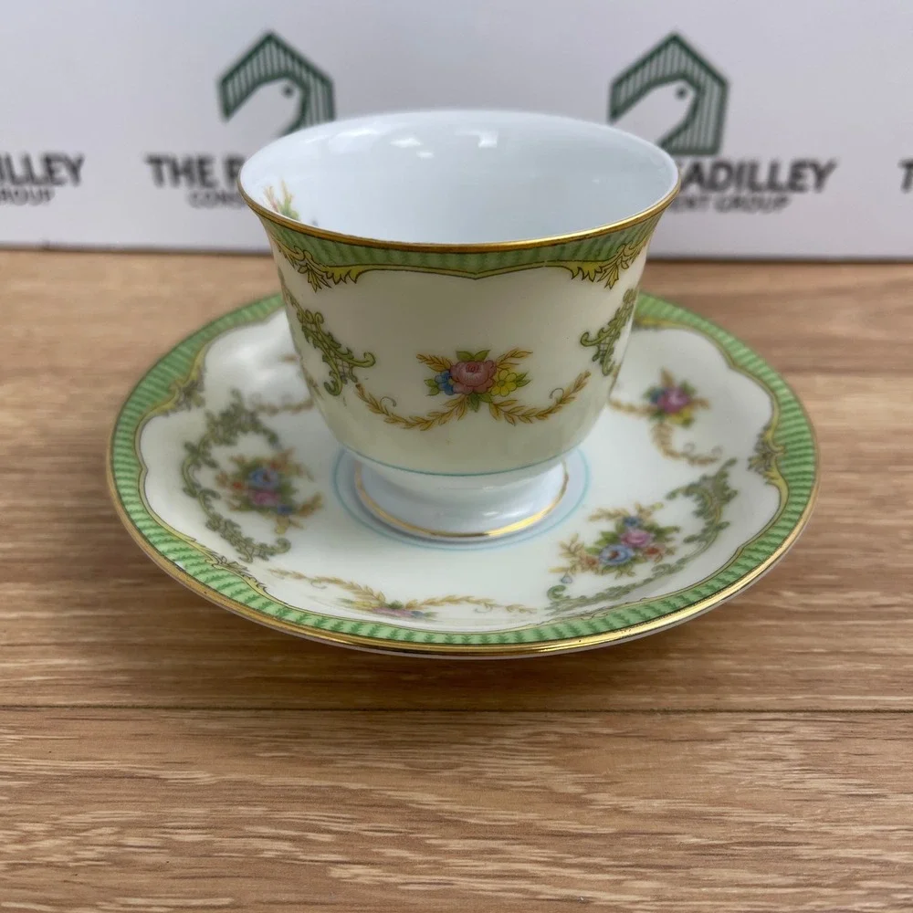 Noritake Marlene Demitasse Cup and Saucer Set Green Lattice Floral Gold Japan